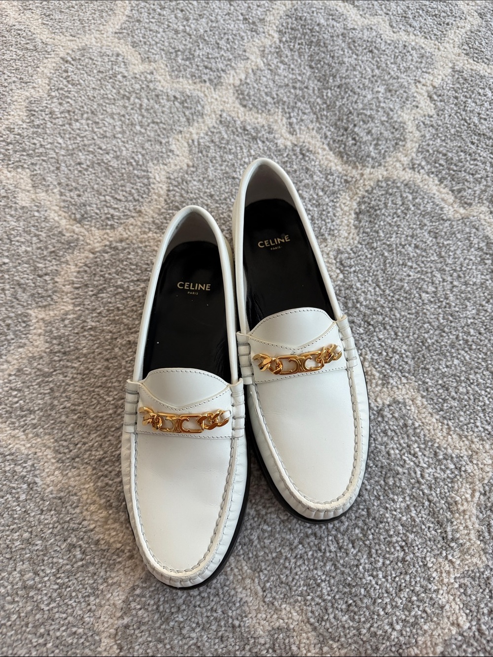 Celine White Leather Loafers with Gold Chain Accent - Picture 1 of 4